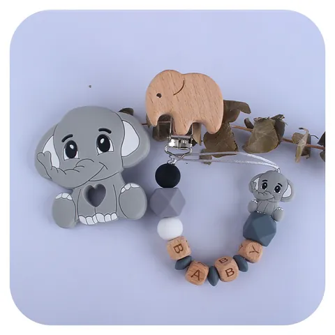 Elephant Baby Teether With Beech Wood Pacifier Clip Silicone Beads Letter Soothing Toy Food Grade Silicone Teething Accessory Set
