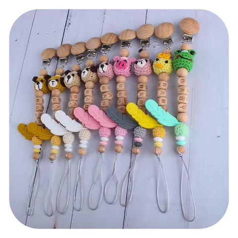 Handmade Crochet Animal Baby Pacifier Clip Beech Wood Silicone Teether Chain Soothing Teething Toy For Infants BPA Free