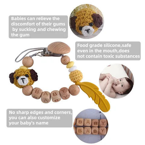 Handmade Crochet Animal Baby Pacifier Clip Beech Wood Silicone Teether Chain Soothing Teething Toy For Infants BPA Free