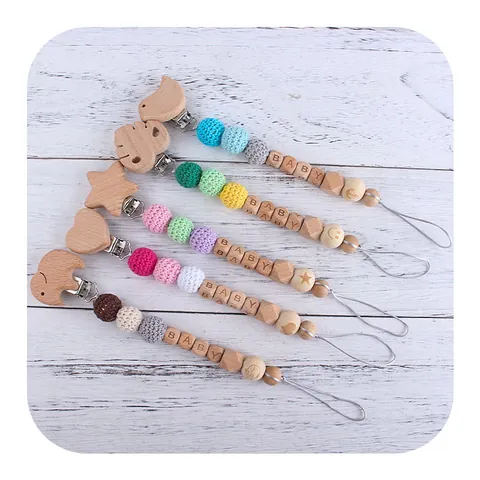 Sujetachupetes para Bebé de Madera de Haya Natural Cuentas de Ganchillo Cadena de Mordedor Soporte para Chupete Anticaída Con Cuentas de Letras Formas de Corazón de Animal Estrella para Bebés