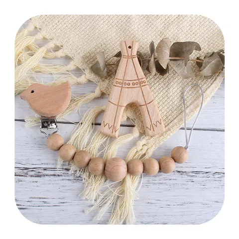Natural Beech Wood Bird Pacifier Clip And Silicone Teether Necklace Nordic Minimalist Infant Soothing Toy For Baby BPA Free Teething Accessories