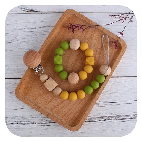 Baby Pacifier Clip And Teether Bracelet Set Silicone Beech Wood Beads Soothing Toy For Infants BPA Free Neutral Colors
