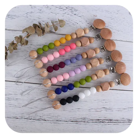 Baby Pacifier Clip And Teether Bracelet Set Silicone Beech Wood Beads Soothing Toy For Infants BPA Free Neutral Colors