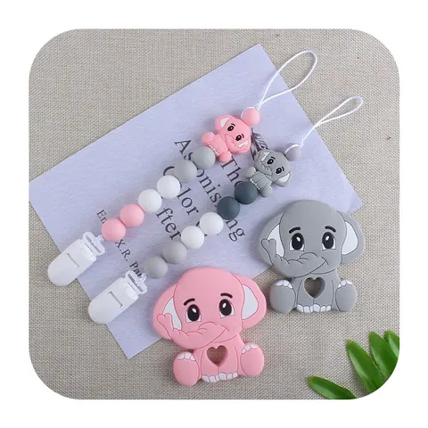 Elephant Baby Silicone Teether With Pacifier Clip Chain Set Food Grade BPA Free Infant Soothing Chewing Toy For Newborns Toddlers