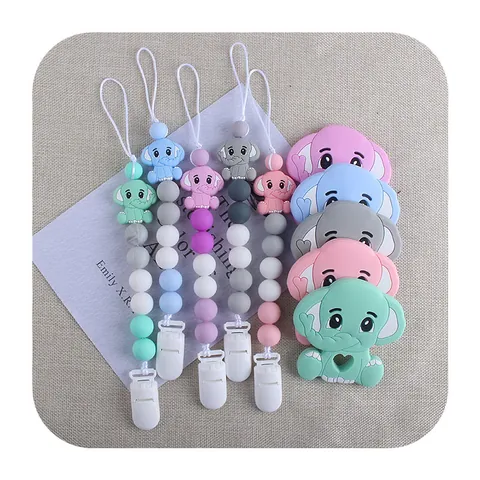 Elephant Baby Silicone Teether With Pacifier Clip Chain Set Food Grade BPA Free Infant Soothing Chewing Toy For Newborns Toddlers