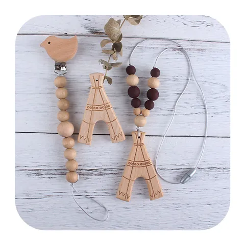 Natural Beech Wood Bird Pacifier Clip And Silicone Teether Necklace Nordic Minimalist Infant Soothing Toy For Baby BPA Free Teething Accessories
