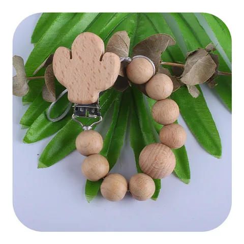 Beech Wood Cactus Pacifier Clip Silicone Beads Baby Teether Necklace Nursing Molar Toy Anti Drop Chain Infant Accessories