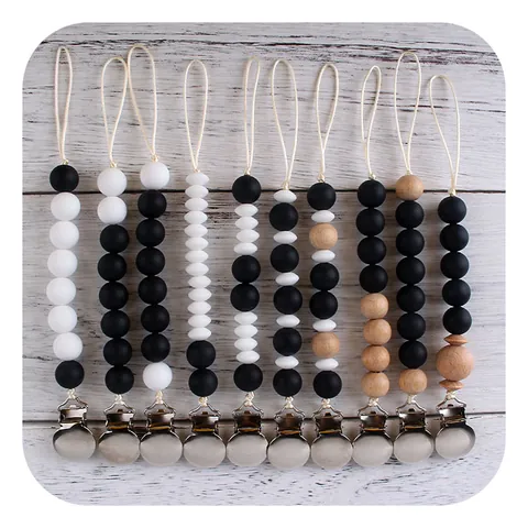 Baby Pacifier Clip Silicone Beads Beech Wood Anti-Drop Soothing Nipple Chain Holder For Infants Teething Toy Strap Metal Clip