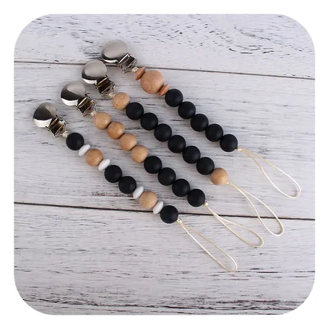 Baby Pacifier Clip Silicone Beads Beech Wood Anti-Drop Soothing Nipple Chain Holder For Infants Teething Toy Strap Metal Clip