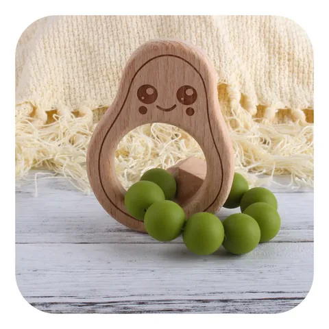 Avocado Shape Baby Teether Beech Wood Silicone Bead Teething Ring Infant Sensory Grasping Toy BPA Free Safe Nursing Gift