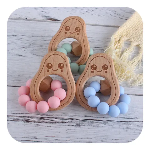 Avocado Shape Baby Teether Beech Wood Silicone Bead Teething Ring Infant Sensory Grasping Toy BPA Free Safe Nursing Gift