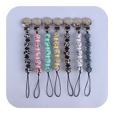 Baby Silikon Schnullerkette Mit Fußballmuster Metallclip Leopardenmuster Perlen Beißring Kette Für Kleinkinder Schnuller Anti-Verlust Gurt