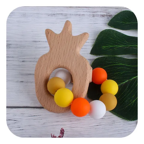 Beech Wood And Silicone Baby Teether Bracelet Cartoon Animal Fruit Shaped Teething Toy For Infant Toddlers Safe BPA Free