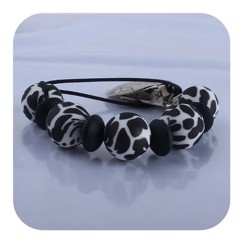 Baby Silikon Schnullerkette Mit Fußballmuster Metallclip Leopardenmuster Perlen Beißring Kette Für Kleinkinder Schnuller Anti-Verlust Gurt