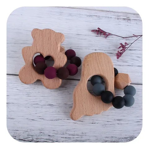 Beech Wood And Silicone Baby Teether Bracelet Cartoon Animal Fruit Shaped Teething Toy For Infant Toddlers Safe BPA Free