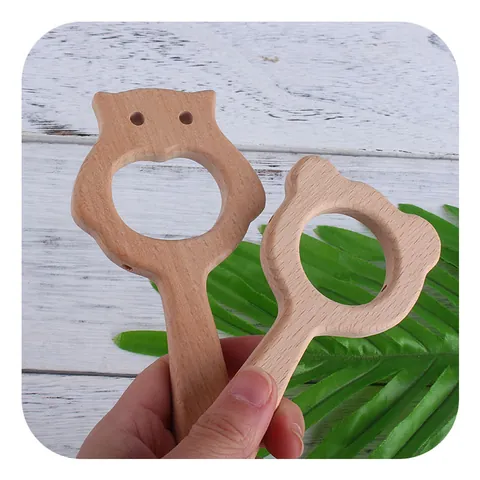Baby Wooden Teether Rattle Beech Wood Owl Bear Shape Natural Wood Grasping Toy For Newborn Infant Toddler Montessori Soothing Plaything
