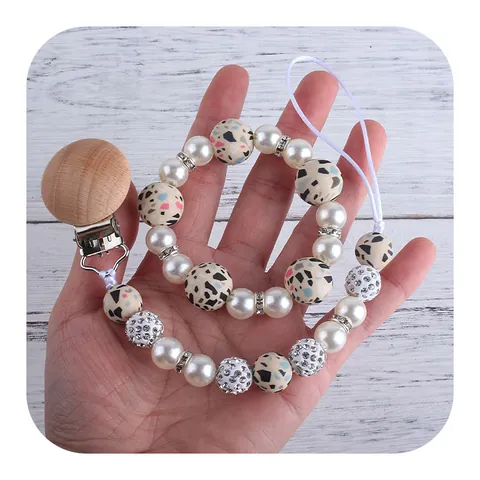 Handmade Leopard Print Silicone Beads Beech Wood Baby Pacifier Clip And Teether Bracelet Soother Anti-Drop Chain For Infants