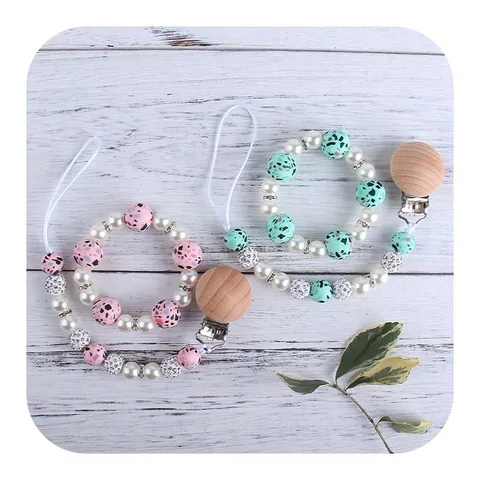 Handmade Leopard Print Silicone Beads Beech Wood Baby Pacifier Clip And Teether Bracelet Soother Anti-Drop Chain For Infants