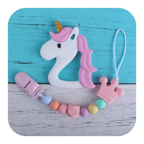 Infant Silicone Unicorn Teether And Crown Beads Pacifier Clip Food Grade BPA Free Soft Soothing Relief For Babies Toddlers