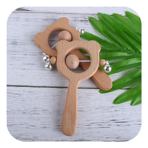 Natural Beech Wood Baby Rattle Teether Toy Cartoon Owl Brown Bear Shapes With Metal Bells Sensory Montessori Grasping Toy For Infants