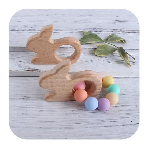 Beech Wood Baby Teether Rabbit Shaped Natural Wooden Teething Ring For Infants Molar Relief DIY Pacifier Chain Accessories