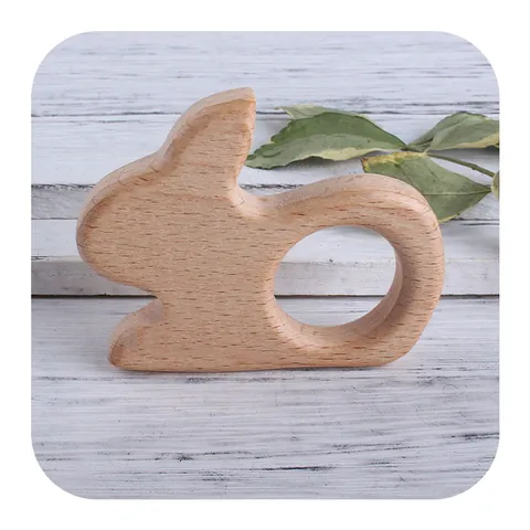 Beech Wood Baby Teether Rabbit Shaped Natural Wooden Teething Ring For Infants Molar Relief DIY Pacifier Chain Accessories
