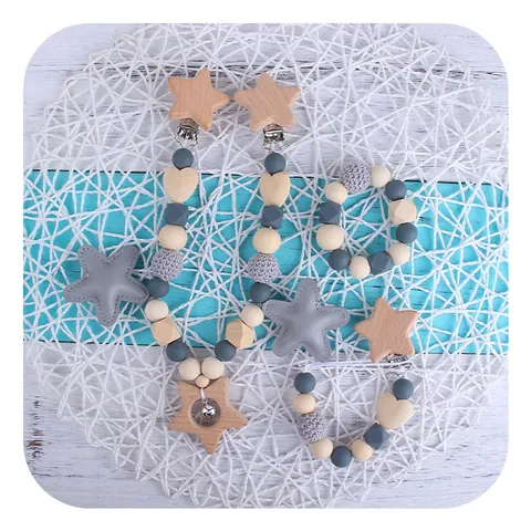 Baby Teether Pacifier Clip Stroller Hanging Toy Beech Wood Silicone Molar Bracelet Soothing Sensory Toy Star Heart Gift
