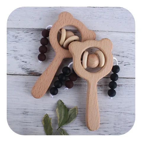 Cartoon Bear Beech Wood Baby Rattle Silicone Beads Teether Montessori Grasping Toy Developmental Sensory Sounding Toy For Infants