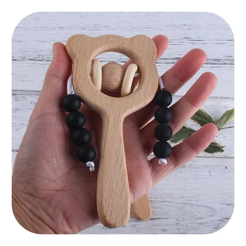 Cartoon Bear Beech Wood Baby Rattle Silicone Beads Teether Montessori Grasping Toy Developmental Sensory Sounding Toy For Infants