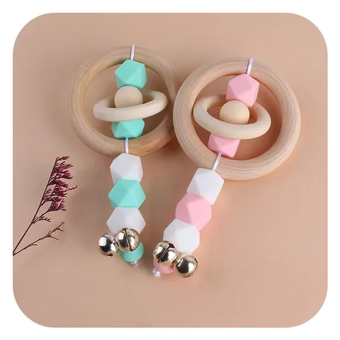 Baby Wooden Silicone Rattle Teether Toy With Metal Bell Macaron Beads Infant Grasping Toy For Teething Relief Early Education Toy
