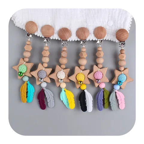 Baby Teether Stroller Clip Silicone Feather Beechwood Star Beads Crochet Pacifier Chain Soothing Toy For Infants Toddlers