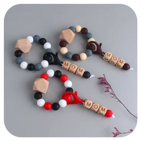 DIY MOM Beech Wood Silicone Beads Teether Bracelet Keychain For Baby Infants Mother Bag Pendant Mother's Day Jewelry Gift