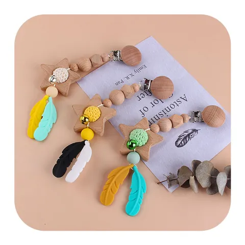 Baby Teether Stroller Clip Silicone Feather Beechwood Star Beads Crochet Pacifier Chain Soothing Toy For Infants Toddlers