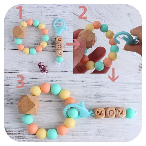 DIY MOM Beech Wood Silicone Beads Teether Bracelet Keychain For Baby Infants Mother Bag Pendant Mother's Day Jewelry Gift
