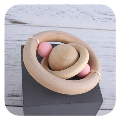 Natural Schima Superba Wooden Baby Teether Rattle Toy Planet Shape Silicone Beads Sensory Teething Ring For Infants Toddlers