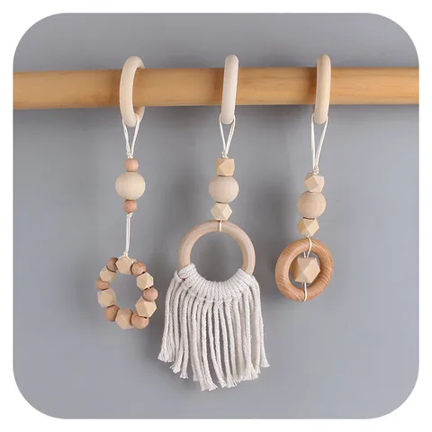 Jouets Suspendus pour Portique Bébé en Bois de Hêtre Naturel et Corde de Coton Anneaux de Dentition avec Glands Macramé Déco Chambre Bébé
