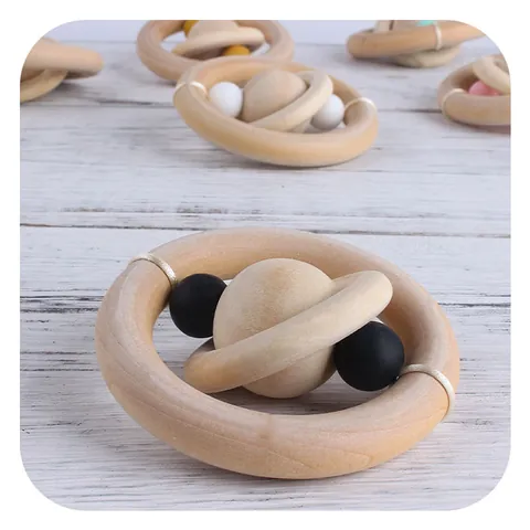 Natural Schima Superba Wooden Baby Teether Rattle Toy Planet Shape Silicone Beads Sensory Teething Ring For Infants Toddlers