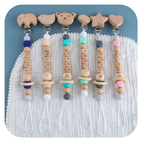 Beech Wood Silicone Bead Baby Pacifier Clip Animal Heart Star Shape Teether Chain For Infant Binkie Holder Teething Toy