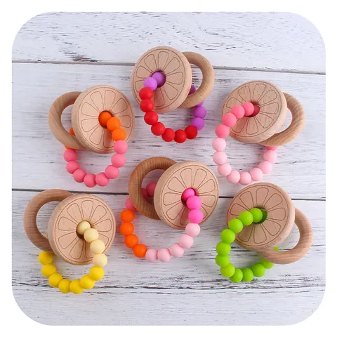 Beech Wood Flower Baby Teether Silicone Beads Bracelet Infantile Soothing Teething Toy For Newborn Grasping Sensory Training