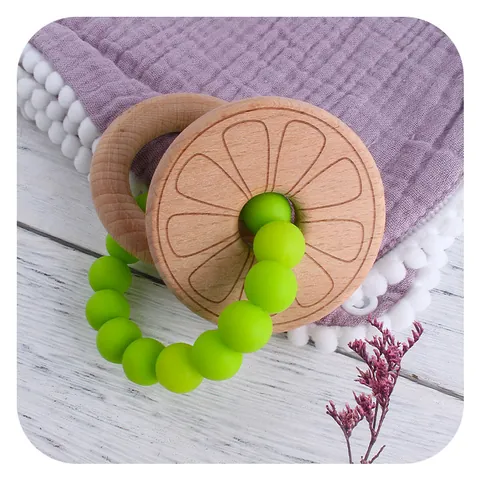 Beech Wood Flower Baby Teether Silicone Beads Bracelet Infantile Soothing Teething Toy For Newborn Grasping Sensory Training