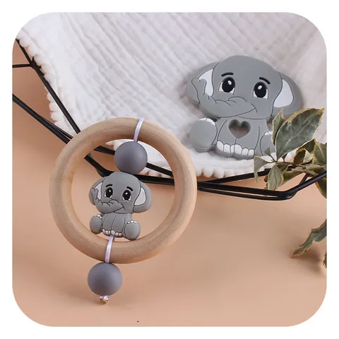 Silicone Elephant Cartoon Baby Teether Ring Wooden Grasping Toy Infant Soft Molar Stick Beads Toddler Teething Relief