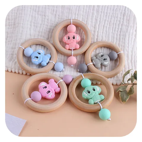 Silicone Elephant Cartoon Baby Teether Ring Wooden Grasping Toy Infant Soft Molar Stick Beads Toddler Teething Relief