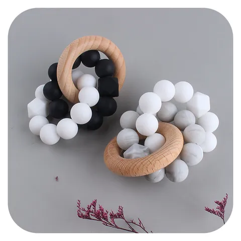 Baby Teether Silicone Teething Bracelet With Natural Beech Wood Ring BPA Free Montessori Sensory Molar Toy For Infants