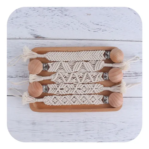 Handmade Macrame Pacifier Clip For Baby Beech Wood Cotton Braided Pacifier Chain Holder With Tassel BoHo Style Infant Teething Toy Strap