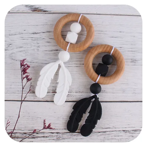 Baby Wooden Ring Teether Toy Food Grade Silicone Feather Beads BPA Free Beechwood Hand Grip Training Toy For Infants