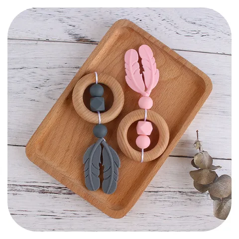 Baby Wooden Ring Teether Toy Food Grade Silicone Feather Beads BPA Free Beechwood Hand Grip Training Toy For Infants