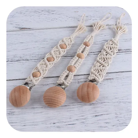 Handmade Macrame Pacifier Clip For Baby Beech Wood Cotton Braided Pacifier Chain Holder With Tassel BoHo Style Infant Teething Toy Strap