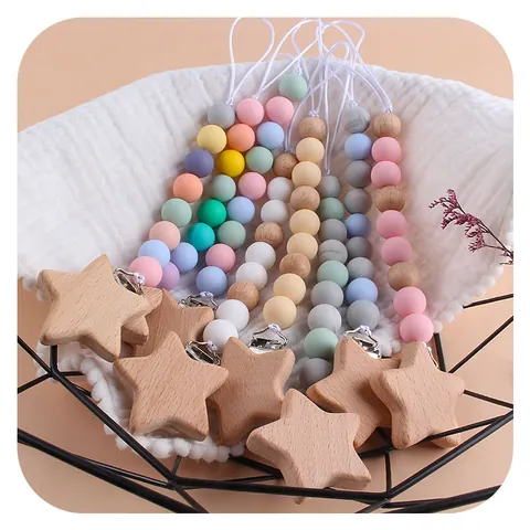 Baby Pacifier Clip Star Shape Beechwood Silicone Teething Beads Anti-drop Pacifier Chain Holder For Infant Toddler