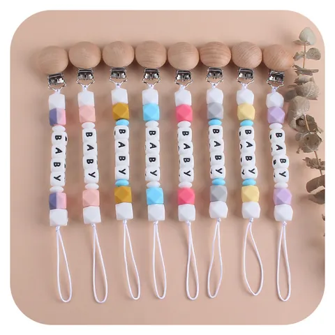 Catenella Portaciuccio in Silicone e Legno di Faggio Con Perline Lettere Baby Colori Macaron Supporto Massaggiagengive Cinturino Anti-Caduta