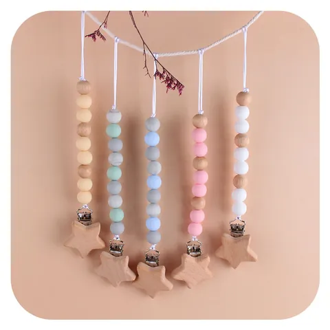 Baby Pacifier Clip Star Shape Beechwood Silicone Teething Beads Anti-drop Pacifier Chain Holder For Infant Toddler
